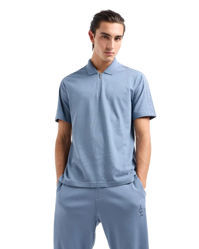 Armani Exchange Men's Ax Stacked Logo Cotton Piquet Zip Up Polo Shirt, Flint Stone, L
