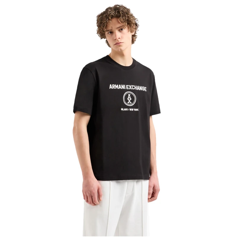 Armani Exchange Stacked Ax Logo with Circle Regular Fit Tee Black MD, Black, Medium