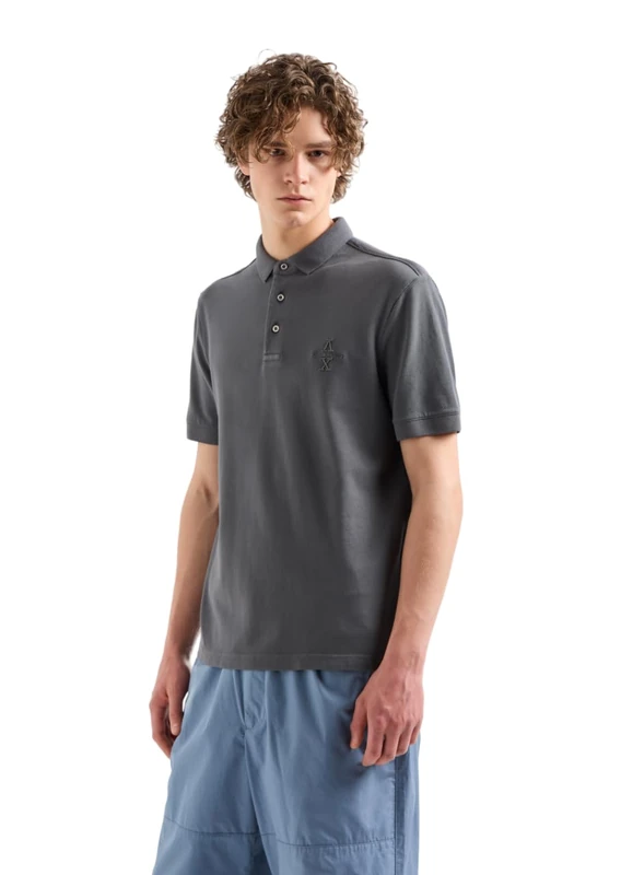 Armani Exchange Men's Ax Stacked Logo Garment Dyed Cotton Piquet Polo Shirt, Eiffel Tower, L