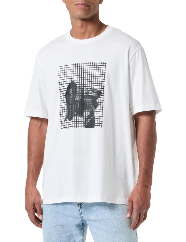 Armani Exchange Men's Bottom of Shoe Graphic with Grid Overlay Regular Fit Tee T-Shirt, Off White, M