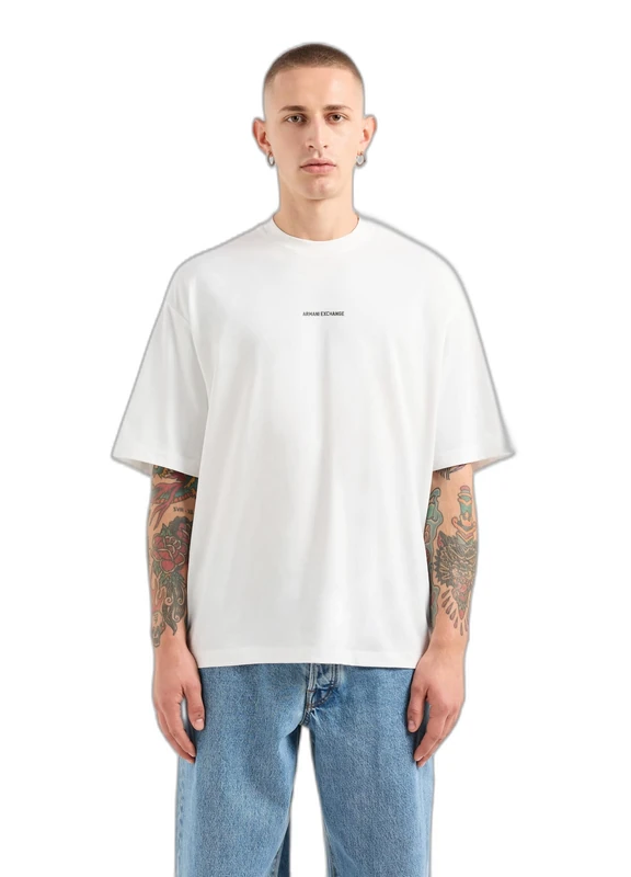 Armani Exchange Men's Central Text On Front and Back Oversized Fit Tee T-Shirt, Off White, S