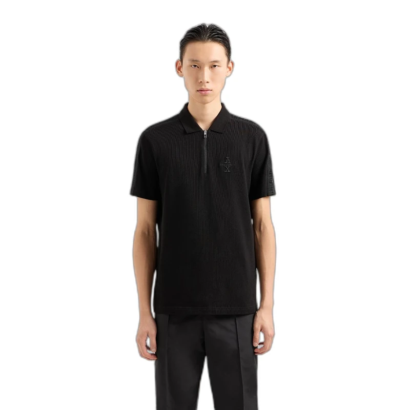 Armani Exchange Men's Ax Stacked Logo Cotton Piquet Zip Up Polo Shirt, Black, S