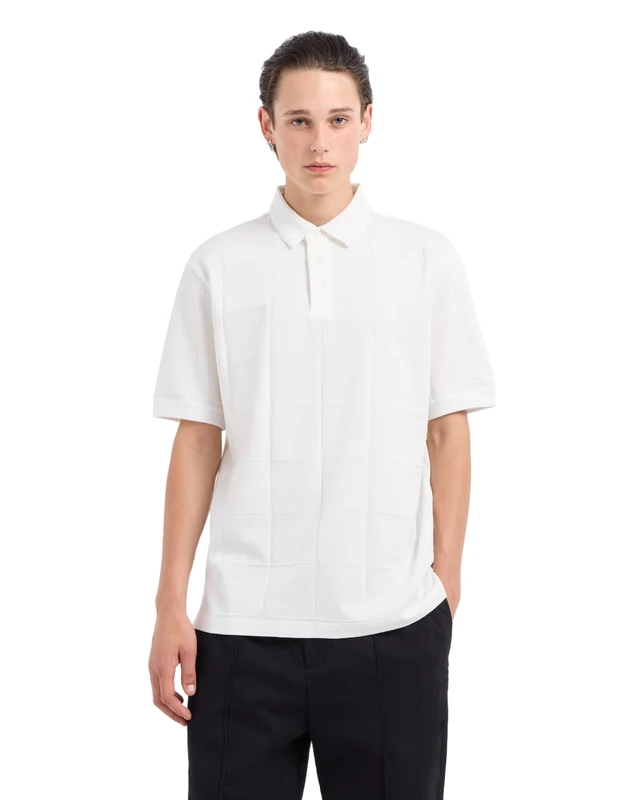 Armani Exchange Men's Cotton Jacquard Grid with Stacked Ax Logo Polo Shirt, Off White, XXL