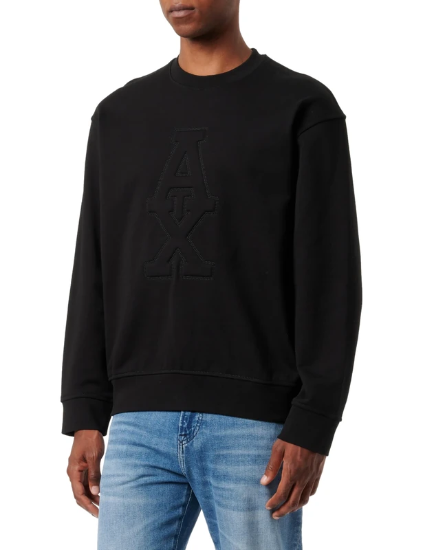 Armani Exchange Men's Ax Stacked Logo Cotton French Terry Crewneck Sweatshirt, Black, S