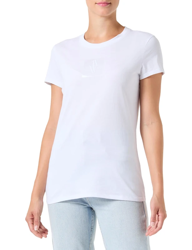 Armani Exchange Women's Slim Fit Silk Patch Monogram Logo Tee T-Shirt, White (Optic White), M