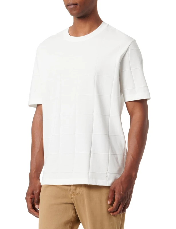 Armani Exchange Men's Jacquard Grid with Vertical Stacked Ax Logos Oversized Fit Tee T-Shirt, Off White, L