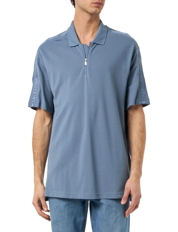 Armani Exchange Men's Ax Stacked Logo Cotton Piquet Zip Up Polo Shirt, Flint Stone, M