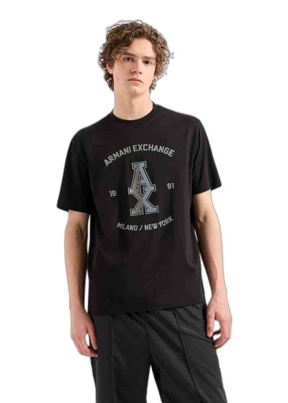 Armani Exchange Men's Large Central Stacked Ax Logo with Milanonew York Text Surrounding Regular Fit Tee T-Shirt, Black, XXL