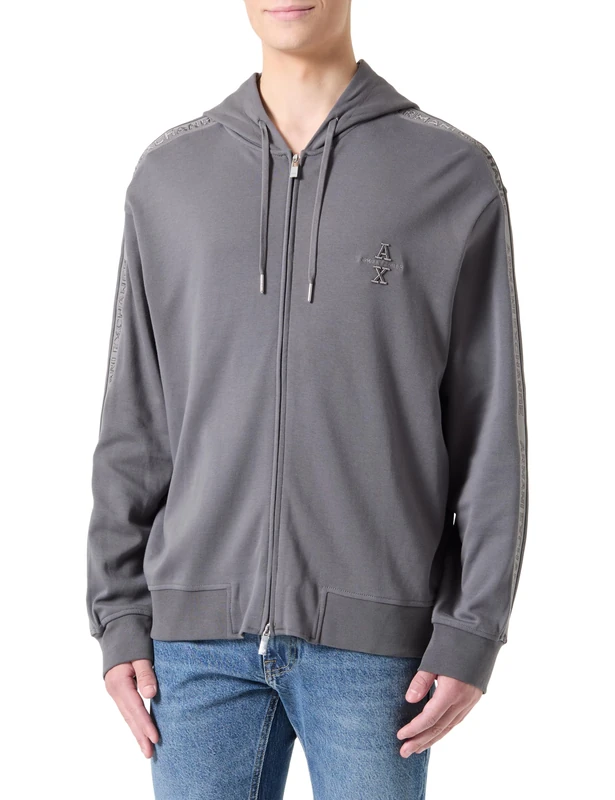 Armani Exchange Men's Logo Tape Cotton Interlock Zip Up Hooded Sweatshirt, Eiffel Tower, L