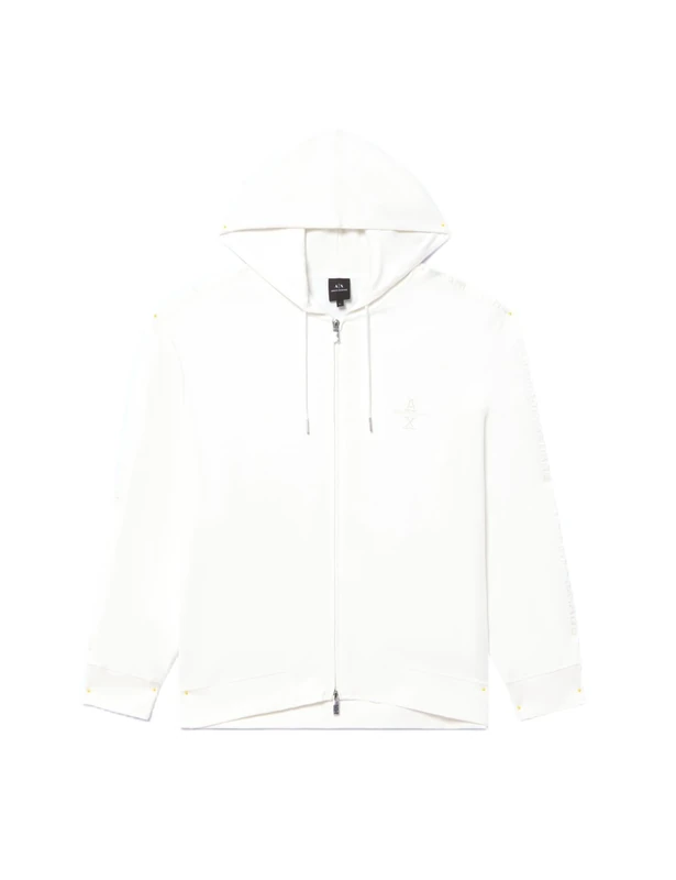 Armani Exchange Men's Logo Tape Cotton Interlock Zip Up Hooded Sweatshirt, White, XXL