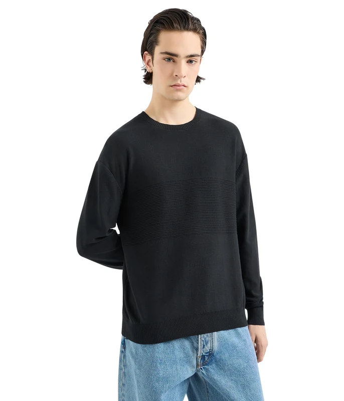 Armani Exchange Men's Comber Cotton Pullover Sweater with Horizontal Stripe, Black, XL