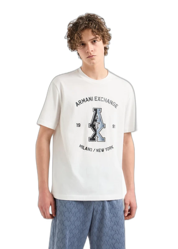 Armani Exchange Men's Large Central Stacked Ax Logo Milano New York Text Surrounding Regular T-Shirt, Off White, L