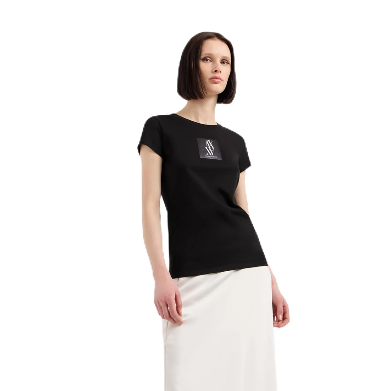 Armani Exchange Women's Slim Fit Silk Patch Monogram Logo Tee T-Shirt, Black, XS