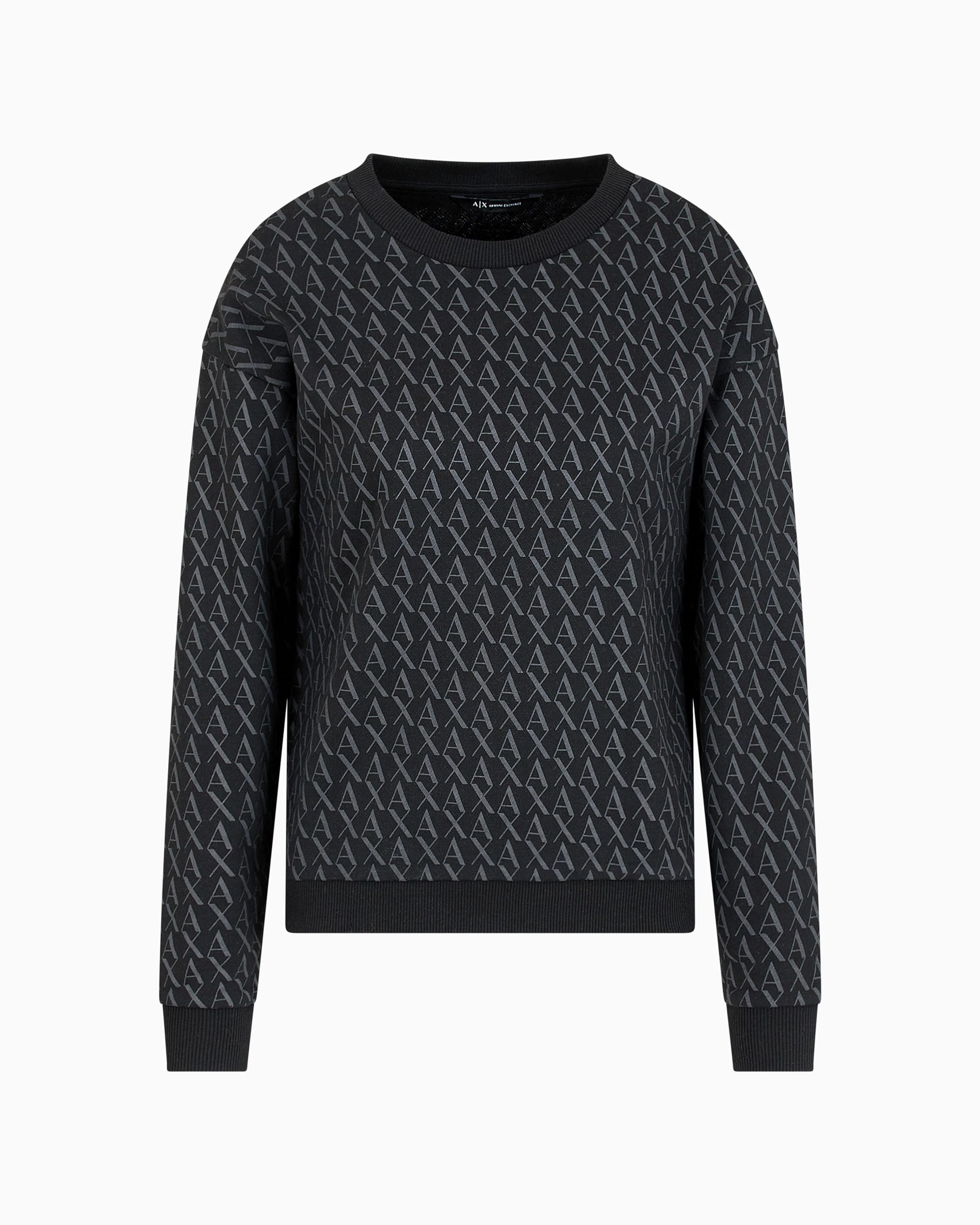 Armani Exchange Women's Cotton French Terry Sweatshirt with All Over Ax Logo, Black, Small