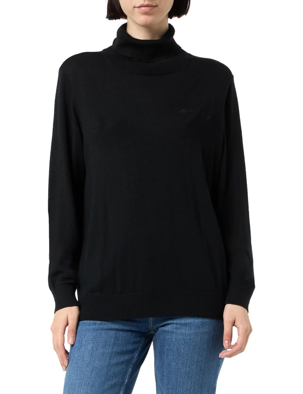 Armani Exchange Women's Pullover Merino Wool Turtleneck Sweater with Script Logo, Black, L
