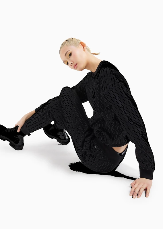 Armani Exchange Women's Cotton French Terry Sweatshirt with All Over Ax Logo, Black, XL