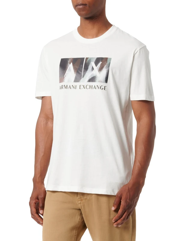 Armani Exchange Men's Classic Ax Box Logo with Camo Background Regular Fit Tee T-Shirt, Off White, XXL
