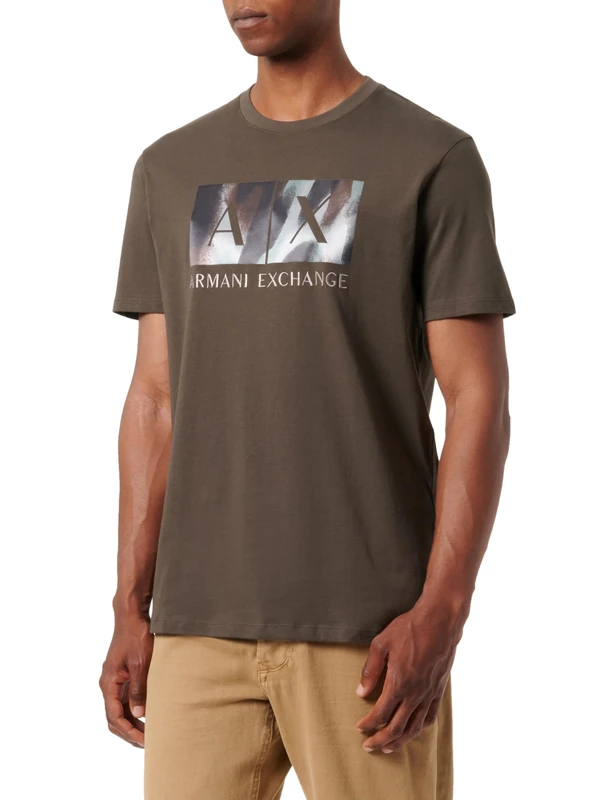 Armani Exchange Men's Classic Ax Box Logo with Camo Background Regular Fit Tee T-Shirt, Black Olive, XXL