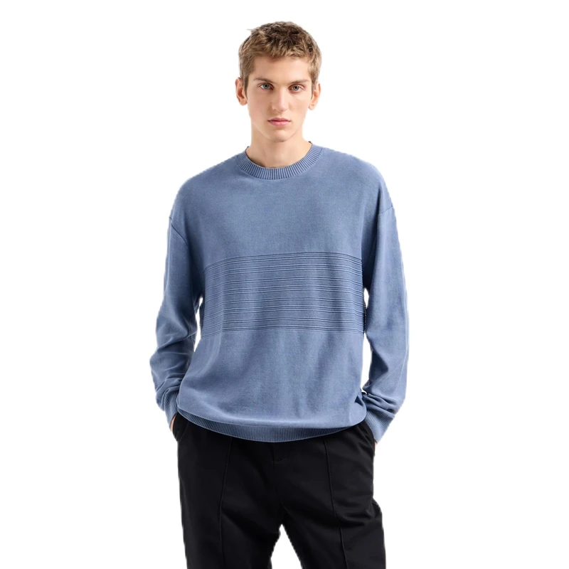 Armani Exchange Men's Comber Cotton Pullover Sweater with Horizontal Stripe, Flintstone, XL
