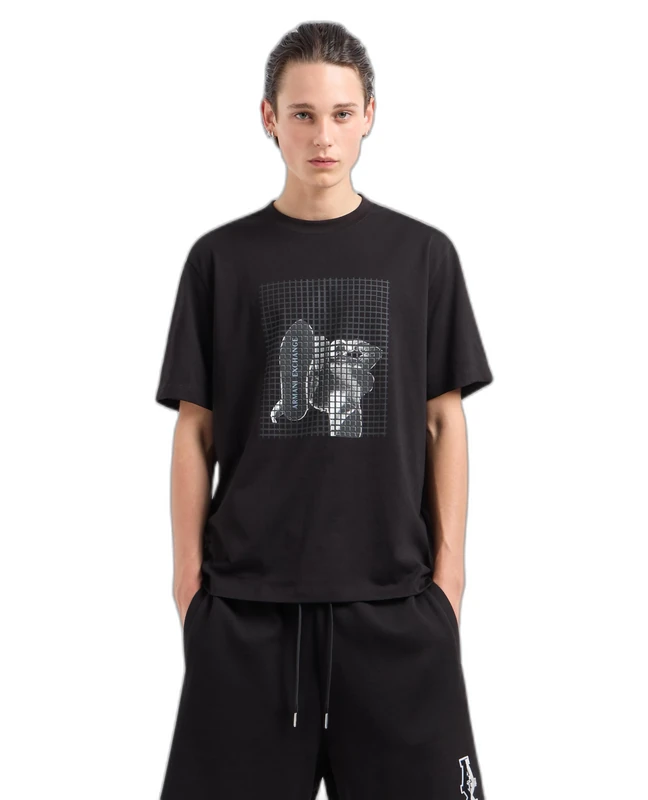 Armani Exchange Men's Bottom of Shoe Graphic with Grid Overlay Regular Fit Tee T-Shirt, Black, XL - Image 1