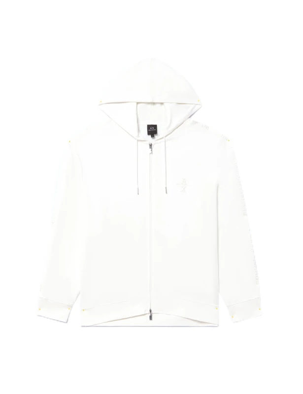 Armani Exchange Men's Logo Tape Cotton Interlock Zip Up Hooded Sweatshirt, Off White, S