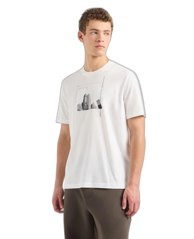 Armani Exchange Men's Scattered Graphic Elements with Iconic Building Image Regular Fit Tee T-Shirt, Off White Ny, XL