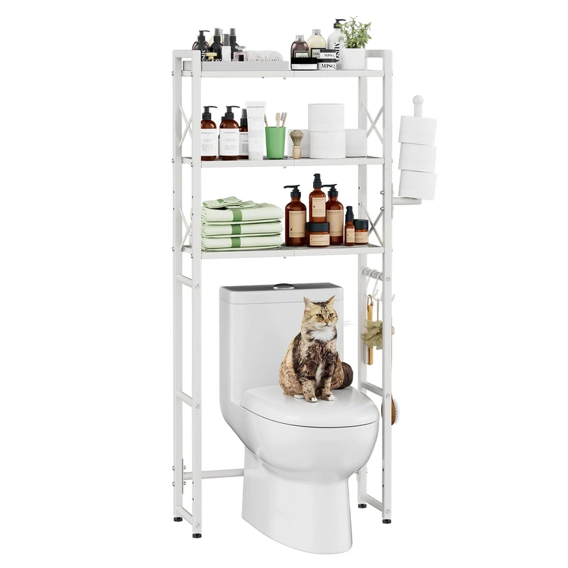 Simple Trending Over The Toilet Storage Rack with Toilet Paper Holder, Heavy Duty Metal 3 Tier Bathroom Organizer Shelf with 3 Hooks, White