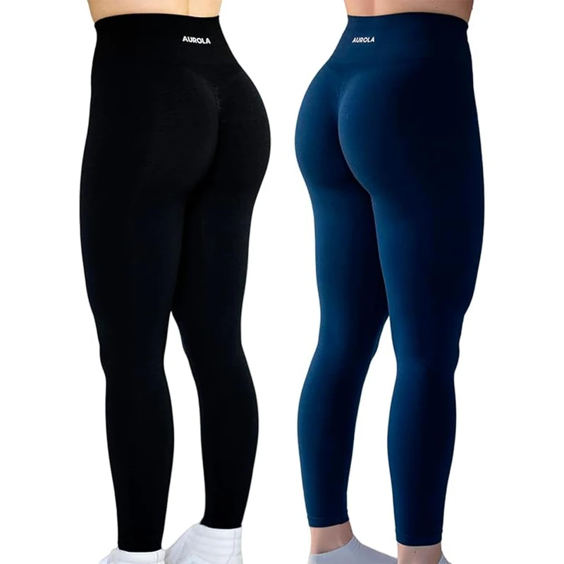 AUROLA Workout Leggings for Women Seamless Scrunch Tights Tummy Control Gym Fitness Girl Sport Active Yoga Pants, Set (Black+Tuxedo Blue), Large