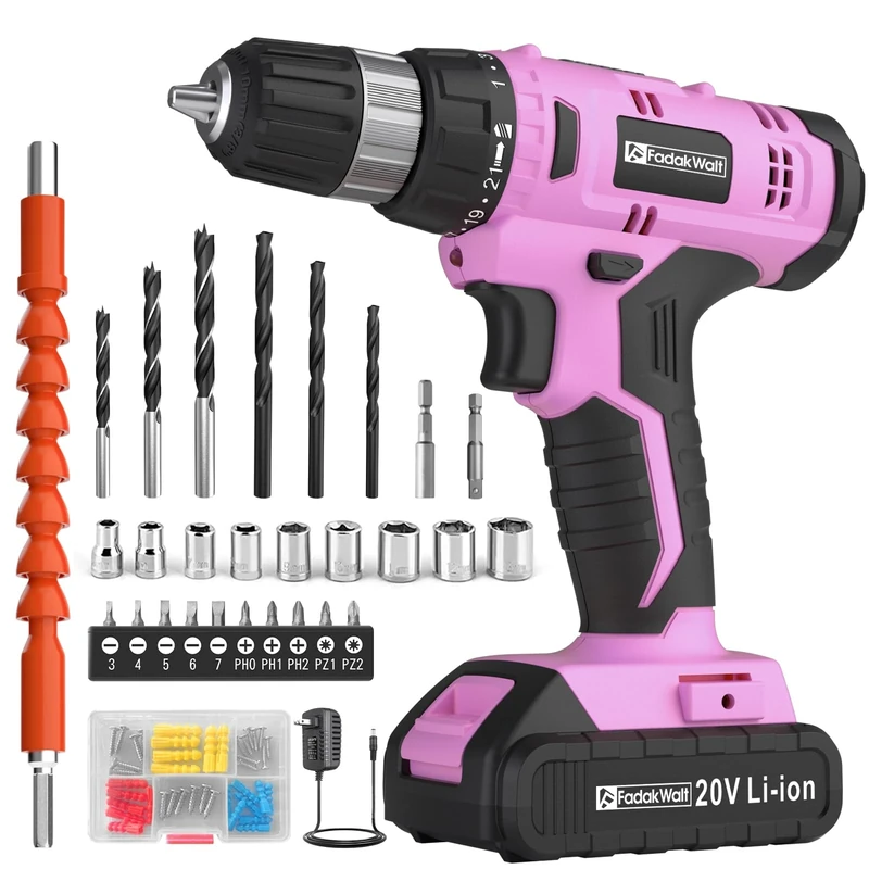 FADAKWALT 20V Cordless Drill Set ，Powerful Drill bit Sets,Torque 30N,21+1 Torque Setting,3/8” inch Keyless Chuck, 40pcs,Electric Drill with 2.0AH Li-Ion Battery and LED Light.