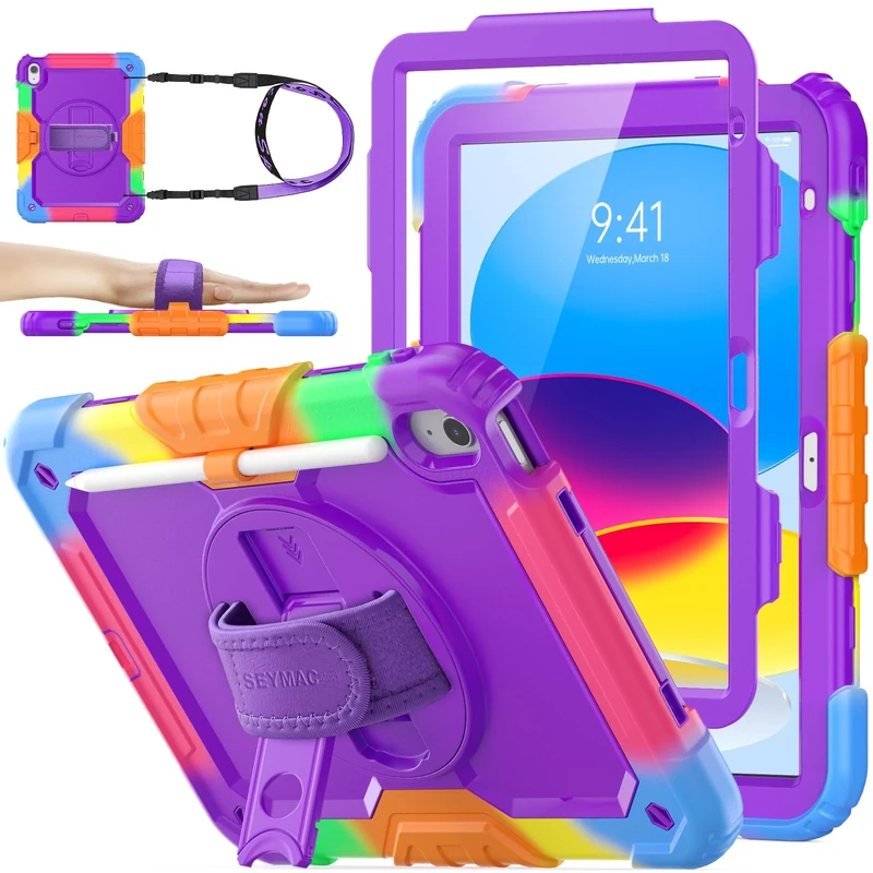 SEYMAC stock Case for iPad A16 11th/10th Generation (11/10.9 Inch) 2025/2022, Heavy Duty Shockproof with Screen Protector, 360° Rotating Stand/Hand Strap, Pencil Holder & Shoulder Strap, Purple+Camo