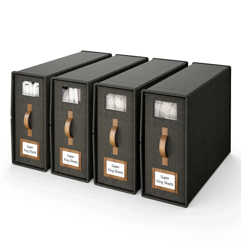 BigPonPon 4 Pack Bed Sheet Organizers And Storage,Foldable Sheet Organizer For Linen Closet(Super King Size),Linen Bedding Storage Box With Leather Handle For Bedsheets,Flannel Blankets,Thin Quilts