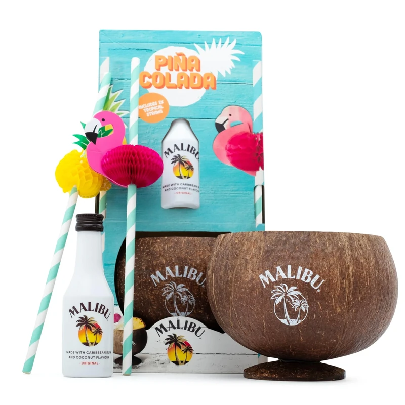 Malibu Rum Gift Set - 5cl Malibu, Real Coconut Cup & 2x Cocktail Straws - Cocktail Rum Gifts for Men, Alcohol Gifts for Women, Birthday, Mothers Day - 2023 Version