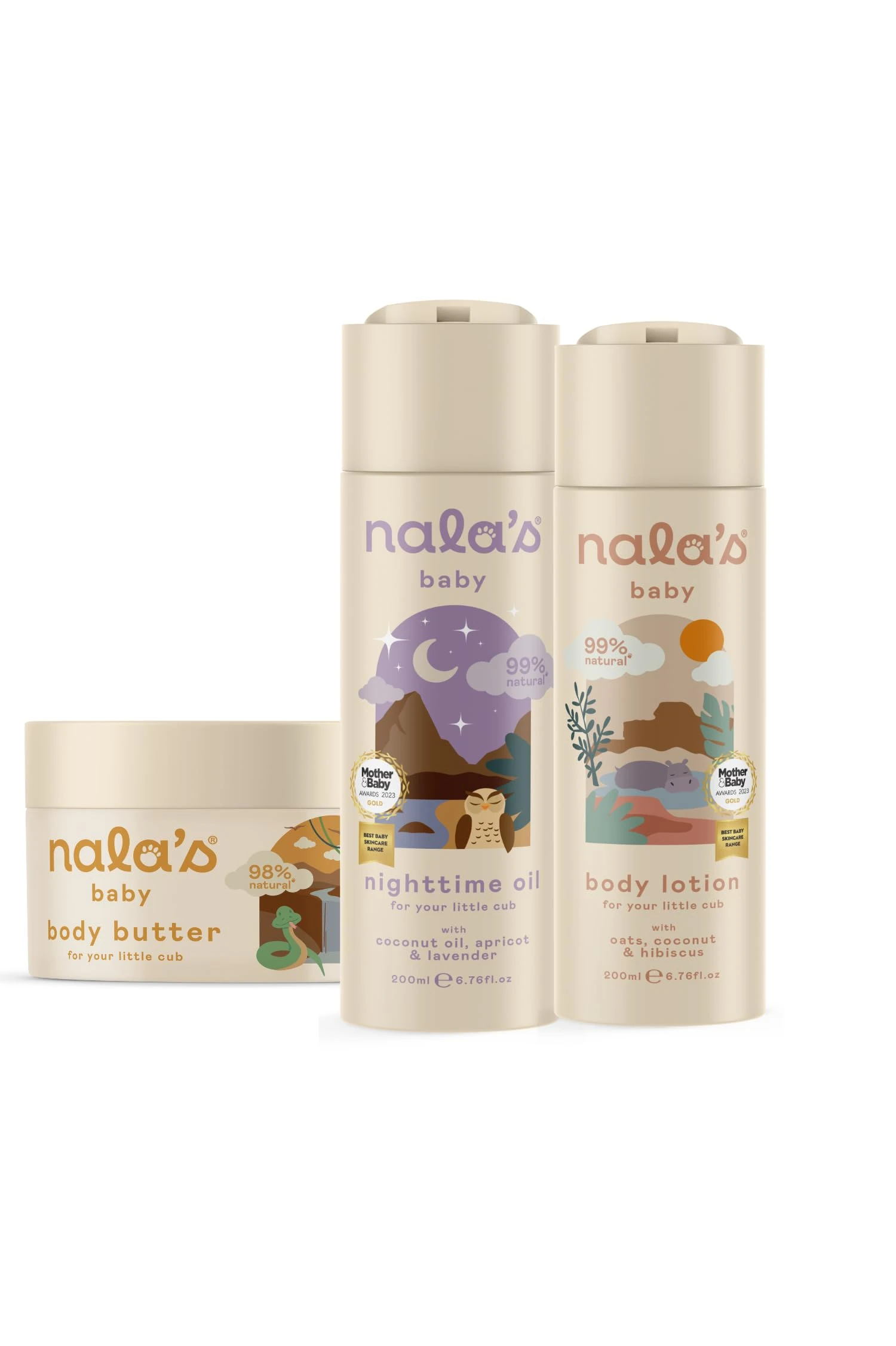 Nala's Baby Skin Bundle | Body Butter, Body Lotion, Nighttime Oil | Award-winning | Dermatologically-tested and Paediatrician-approved | Tear-Free | Soothing Oat and Shea Butter | Vegan | Nalas Baby