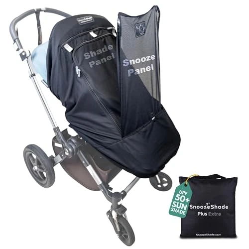 SnoozeShade Plus Extra Pram and Stroller Sun Shade Cover Blocks 99% UV UPF50+ Baby Sleep Aid and Breathable Blackout Canopy for Pushchairs Buggies and Travel Strollers