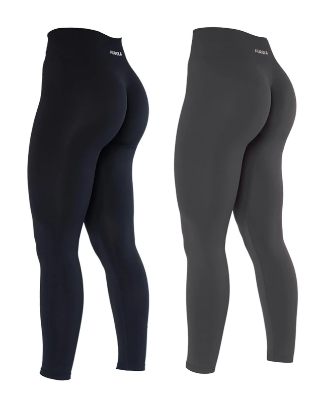 AUROLA Dream Collection Workout Leggings for Women High Waist Seamless Scrunch Athletic Running Gym Fitness Active Pants, Set (Black+Asphalt Grey), M