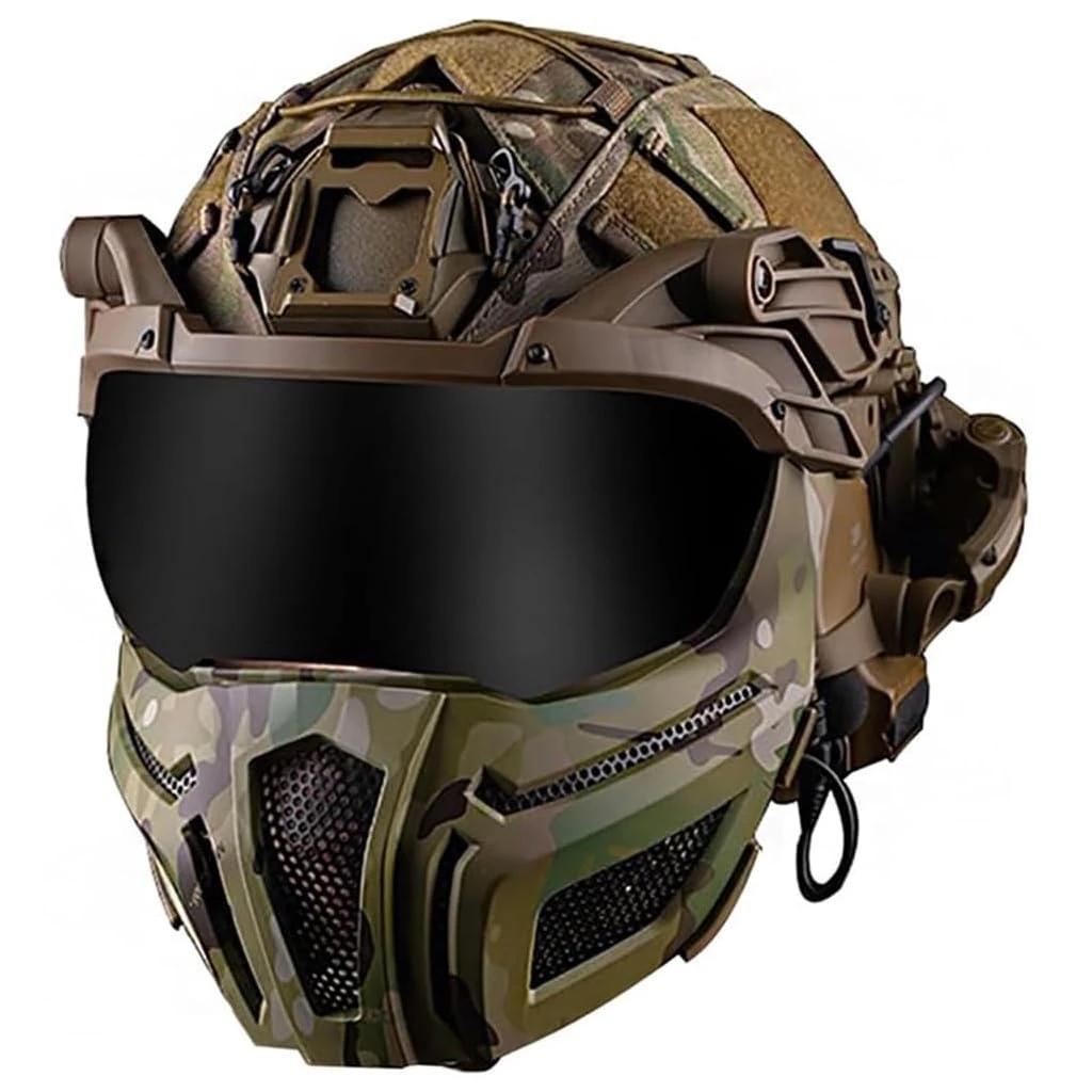 TS TAC-SKY With Military Noise Canceling HD Headset Mask Visor Adjustable Outdoor Hunting Gear For CS Paintball BB Game Tactical Fast Helmet Set Airsoft Helmet Cover (Color : CP)