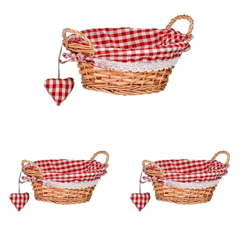 Premier Housewares Round Picnic Blanket Hamper Handles - Washable Gingham Lining Red Hamper Baskets for Gifts - Bread Basket, H12 x W23 x D23cm (Pack of 3)