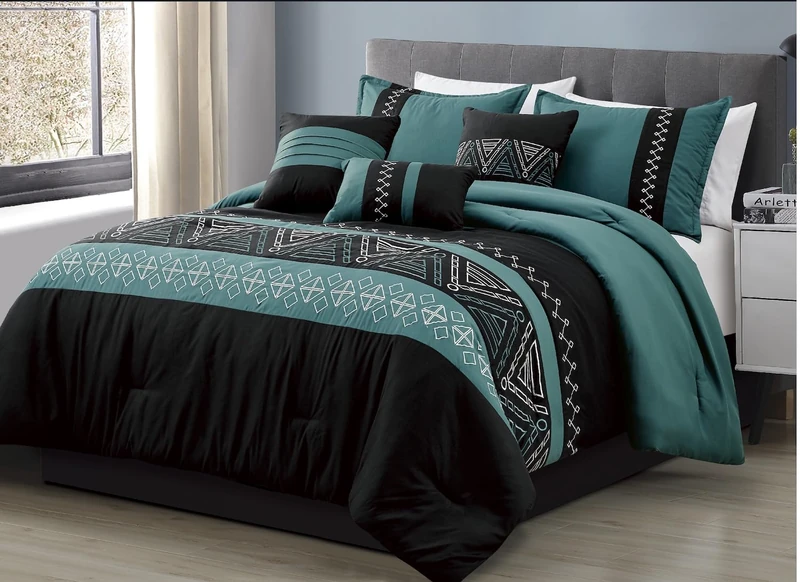 WPM WORLD PRODUCTS MART 7 Piece Western Southwestern Native American Design Comforter Set Teal Green White Multicolor Embroidered King Size Bed in a Bag Navajo Print Bedding Set (22307, King)