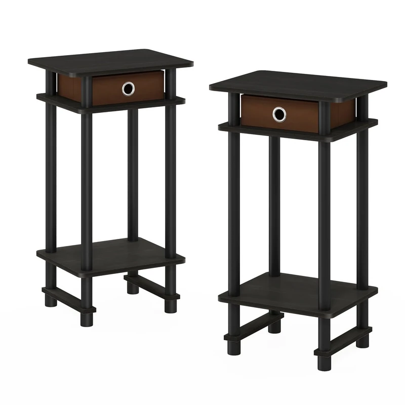 Furinno TURN-N-TUBE Night Stand Set of 2, 3-Tier Open Shelf Design Nightstand with Storage Bin, Tall Bedside Table, End Table, Side Table, for Bedroom, Living Room, Espresso