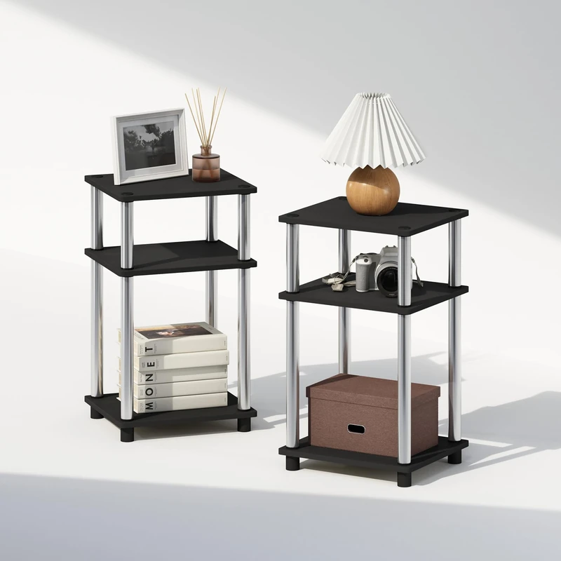 Furinno JUST Night Stand Set of 2, 3-Tier Turn-N-Tube Nightstand, Toolless Bedside Tables, End Table, Side Table with Open Storage for Bedroom, Living Room, Americano/Stainless Steel
