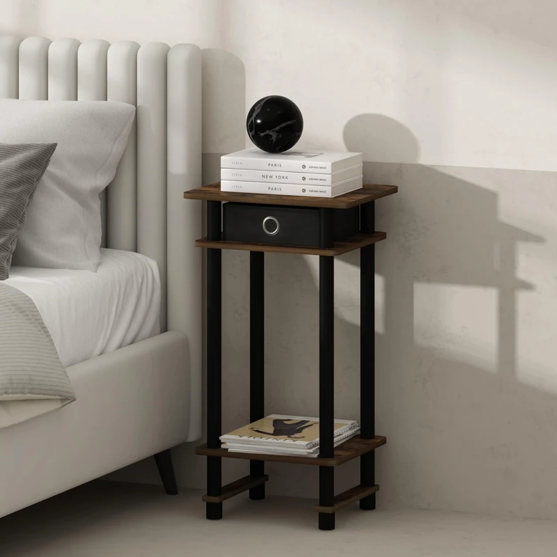Furinno TURN-N-TUBE Night Stand Set of 2, 3-Tier Open Shelf Design Nightstand with Storage Bin, Tall Bedside Table, End Table, Side Table, for Bedroom, Living Room, Amber Pine
