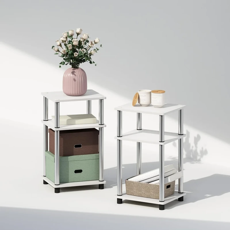 Furinno JUST Night Stand Set of 2, 3-Tier Turn-N-Tube Nightstand, Toolless Bedside Tables, End Table, Side Table with Open Storage for Bedroom, Living Room, White Oak/Stainless Steel