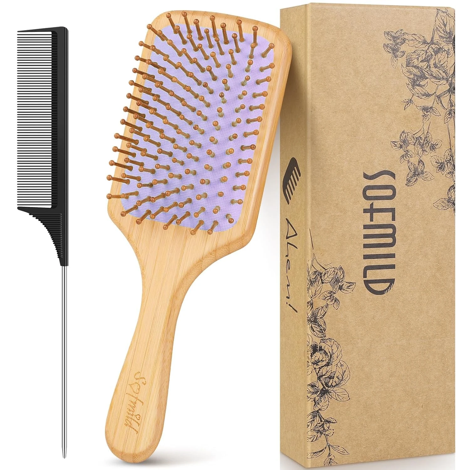 Hair Brush, Eco-Friendly Bamboo Paddle Hairbrush for Long Short Curly Thick Thin Hair for Men Women Kids, Massaging Scalp, Reducing Tangle & Hair Breakage, Promoting Hair Growth (Purple)