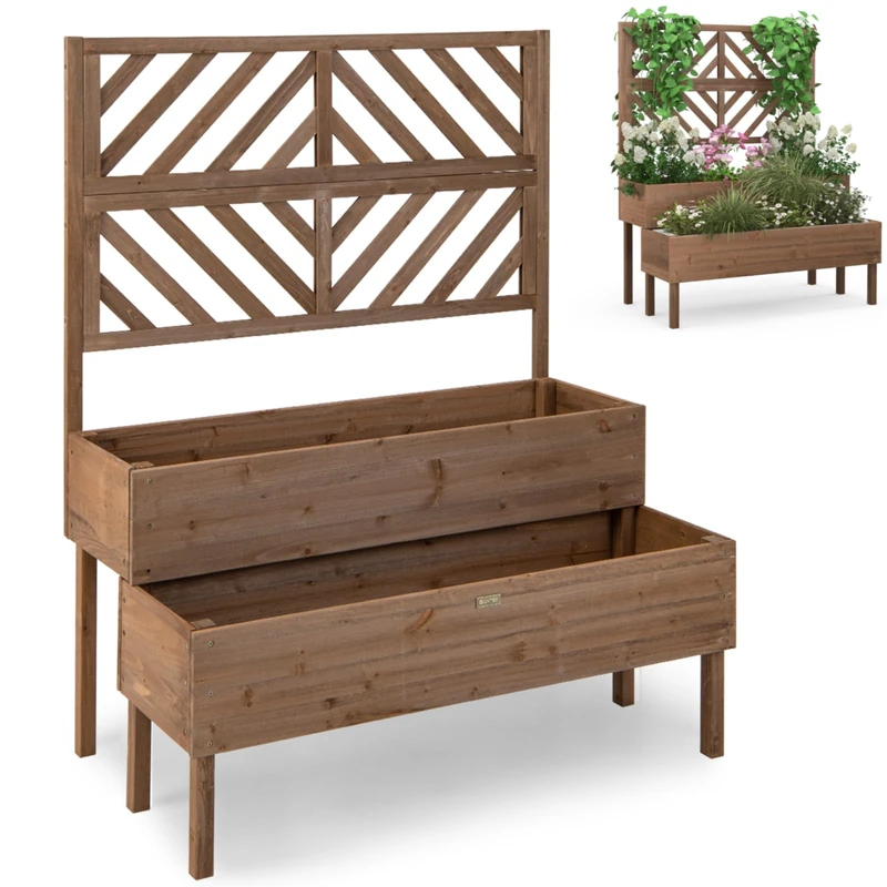 GiantexUK 2-Tier Garden Bed with Trellis, Wood Garden Planter with Drainage Hole, Outdoor Elevated Flower Pots Planting Box for Climbing Plants Vine Vegetables Herbs (Brown, 109x62x135cm)
