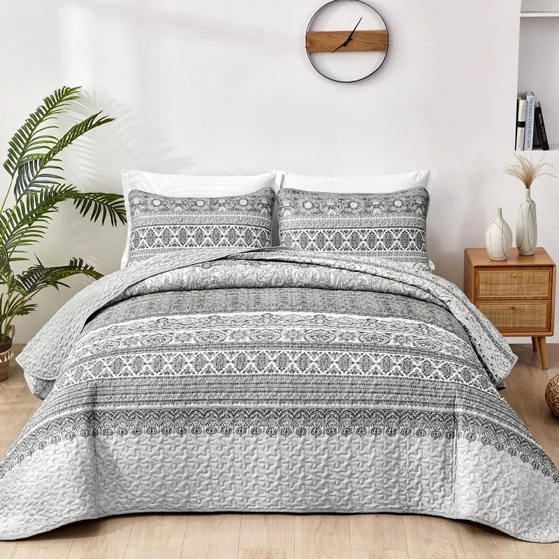 WONGS BEDDING Boho King Quilt Set, Grey Bohemian King Quilt Bedding Set, Lightweight Microfiber Bed Decor Bedspread for All Season 103"x90"(3 Pieces)