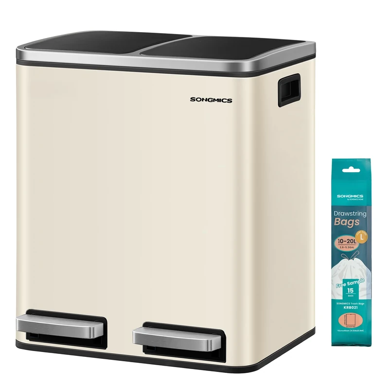 SONGMICS Dual Rubbish Bin, Metal Recycling Bin with 15 Rubbish Bags, 2-Compartment, with Lids, Pedals, Plastic Inner Buckets, Soft Closure, 2 x 4 Gallons (2 x 15 L), Sand Beige and Black LTB030AB01