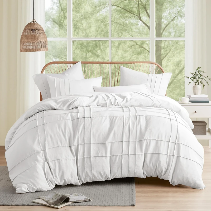 Comfort Spaces White King Size Duvet Cover Set - 3 Pieces Pintuck Pleated Duvet Cover King, All Season Lightweight, Extra Softness Pre-Washed Microfiber King Bedding Cover Shams, King/Cal King