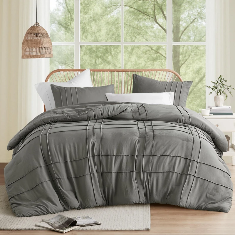 Comfort Spaces Grey Queen Comforter Set - 3 Pieces Pintuck Pleated Farmhouse Bedding Sets Queen, All Season Lightweight, Cotton-Like Softness Pre-Washed Microfiber Queen Bed Set, Shams, Full/Queen