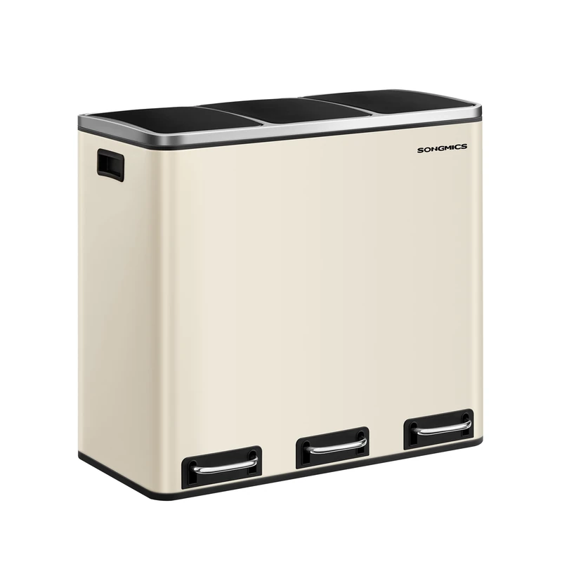 SONGMICS Kitchen Bin, 3 x 18 L Recycling Bin, 3 Compartment Rubbish Bin for Recycling, Waste, Food Scraps, 15 Liners Included, Soft-Close Lids, Pedals, Inner Buckets, Steel, Sand Beige LTB054A02