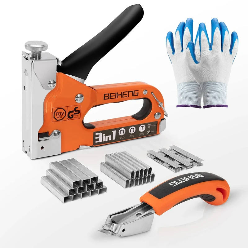 Staple Gun, BeiHeng 3 in 1 Staple Nail Steel Gun with 3000 Staples, Staple Remover, Gloves, Manual Brad Nailer Power Adjustment Stapler Gun for Wood, Crafts, Carpentry, Decoration DIY